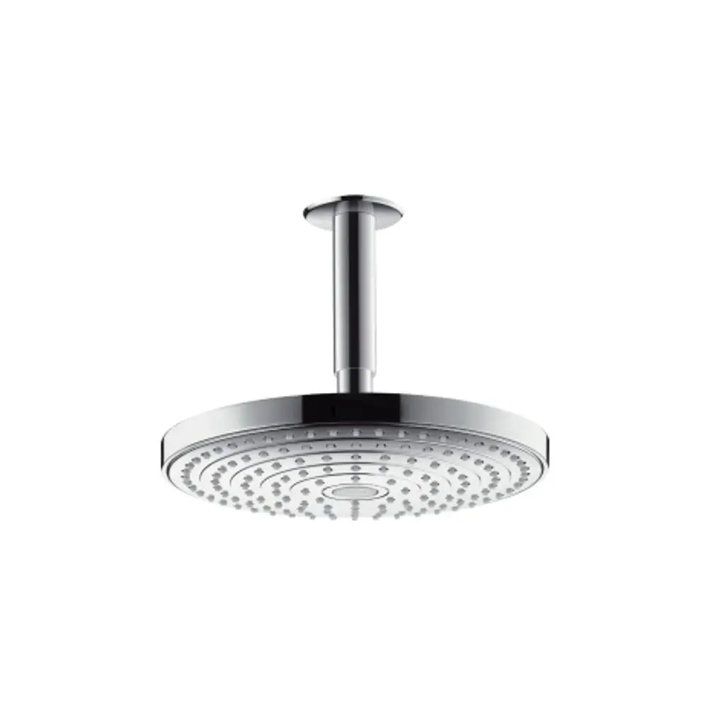 Kopfbrause in runder Form mit Deckenanschluss, verchromt, gleichmäßig angeordneten Düsen. Produkt von Hansgrohe.